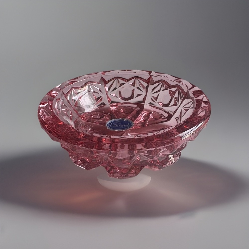 Vintage MCM Pink glass Imperial trinket dish art glass crystal diamond cut